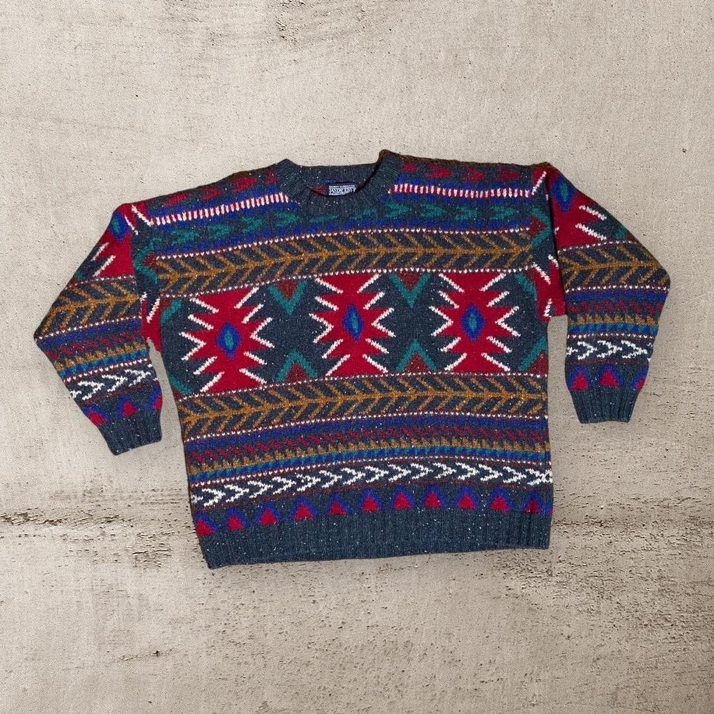Vintage 1990s Lands’ End Multicolored Thick Wool Patterned Sweater